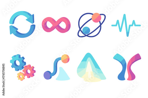 Isometric Flow Icons. Flow flat icons: circular arrows, infinity loop, orbiting planets, heartbeat line, moving gears, path curve, light beam, merging streams.