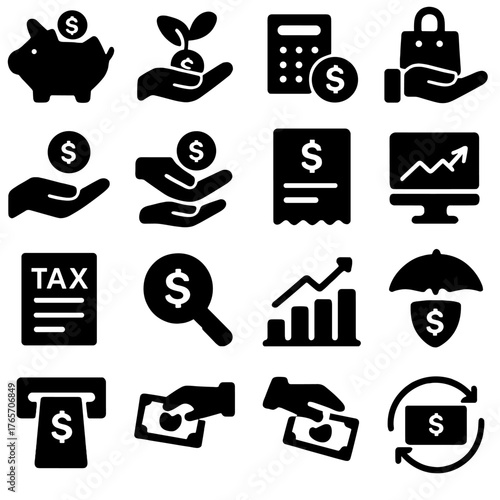 Financial Icons Collection. Financial activities icons in silhouette. Saving, investing, budgeting, spending, donating, lending, borrowing, paying