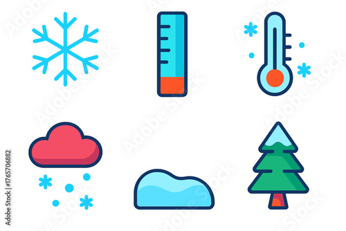 Snow Measurement Icons. Snow Accumulation flat icons: snowflake, ruler, thermometer, cloud, snowdrift, pine tree.