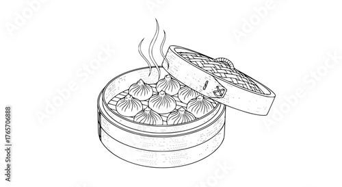 Vector line art of Chinese dumplings in a bamboo steamer, black and white minimalist design
