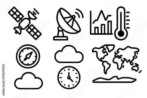 Weather Icons Display. Weather Forecasting outline set: satellite, radar, chart, thermometer, barometer, cloud, clock, map.,