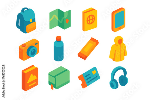 Minimalist Travel Gear Icons. Minimalist Travel Gear flat icons: lightweight bag, map, passport, phone, camera, refill bottle, snack bar, raincoat, guidebook, journal, ticket,