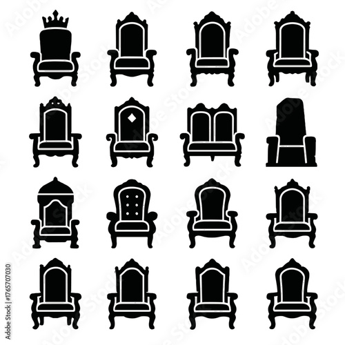 Regal Thrones Icons. Royal Thrones and Seats icons in silhouette. High-backed throne, cushioned seat, armrest detail, ornate legs, crown atop throne