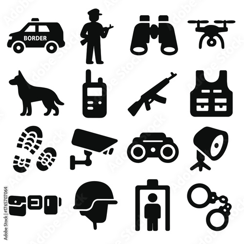 Security Icons Collection. Border Patrol and Security icons in silhouette. Patrol car, guard silhouette, binoculars, drone icon, security dog, walkie