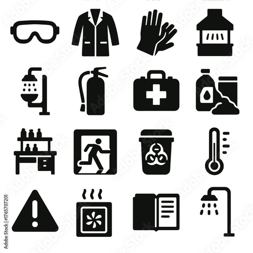 Pharmacy Lab Safety Icons. Pharmacy lab safety and equipment icons in silhouette. Safety goggles, lab coat, gloves, fume hood, eye wash station, fire