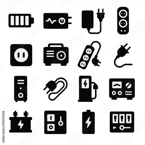 Power Equipment Icons. Power Supply Equipment icons in silhouette. Battery pack, power inverter, AC adapter, power strip, wall socket, generator