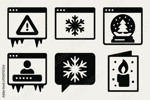 Brutalist Winter Icons. Winter UI Windows silhouette set: frozen alert box, snowflake banner, snow globe popup, frosty login screen, ice crystal message, warm greeting card.