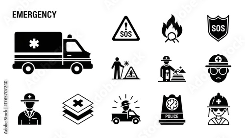 Emergency Services and Urgent Situations Ambulance, Fire, Police, and Safety Icons