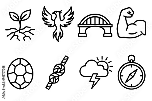 Symbols of Resilience. Resilience outline set: cracked ground with sprout, phoenix, bridge, strong arm, turtle shell, knot rope, storm cloud clearing, compass.