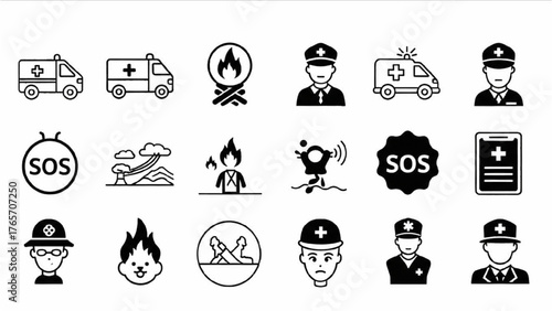 Comprehensive set of emergency, safety, and disaster response outline icons for public awareness and preparedness visuals