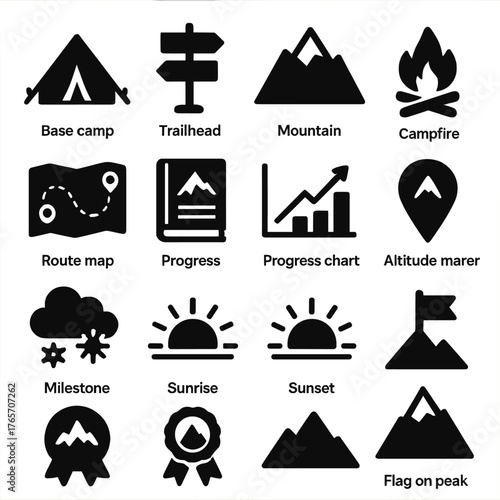 Alpinist Icon Set. Alpinist journey and milestones icons in silhouette. Base camp, trailhead, mountain summit, campfire, route map, climbing journal