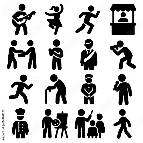 Town Event Icons. Town events people icons in silhouette. Musician, dancer, athlete, vendor, volunteer, spectator, mayor, photographer, child
