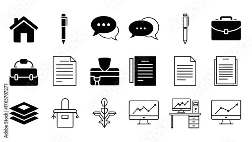 Comprehensive collection of essential business and office management icons, featuring finance, document, communication, and data analytics symbols for modern professional applications