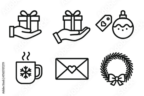 Festive Gift Exchange. Christmas Giving outline set: gift exchange, donation hand, red ribbon box, festive tag, ornament ball, warm drink, envelope with heart, wreath of pine., ,