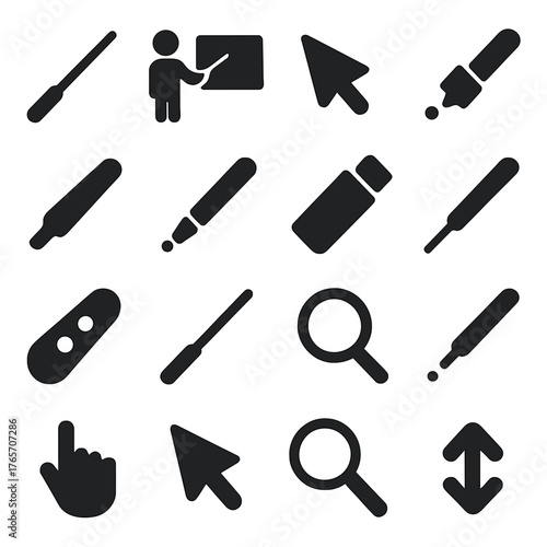 Pointer Icons Collection. Educational and presentation pointers icons in silhouette. Teacher’s pointer, classroom pointer, interactive pointer