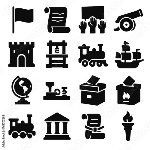 Historical Event Icons. Historical events icons in silhouette. Battle flag, treaty scroll, crowd protest, cannon, castle gate, printing press, steam