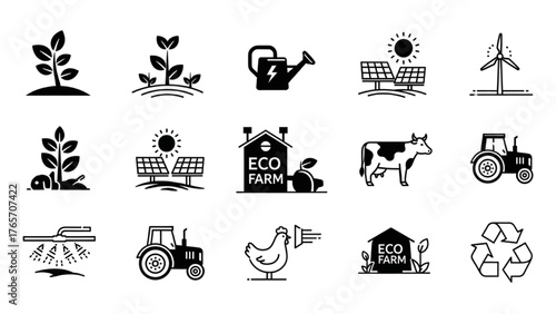 Eco-Friendly Farming Icon Set Sustainability, Agriculture, and Renewable Energy Concepts