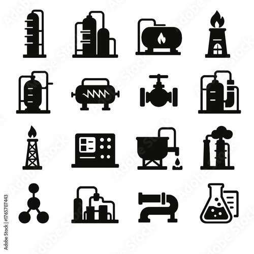 Refinery Process Icons. Petroleum refining and processing icons in silhouette. Distillation tower, cracking unit, storage tank, furnace, chemical