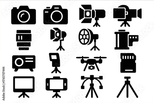 Bold Photography Icon Set. Photography Tripod silhouette set: camera, DSLR, video recorder, lens, spotlight, reflector, softbox, flash, film roll, projector, drone, memory card,