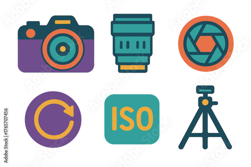 Camera Icon Set. Camera manual mode flat icons: camera, lens, aperture dial, shutter speed dial, ISO symbol, tripod.