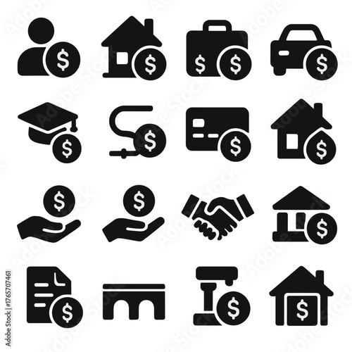 Financial Icons Collection. Lending financial products icons in silhouette. Personal loan, mortgage, business loan, auto loan, student loan, line of