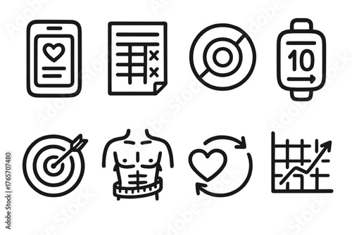Fitness App Icons. Workout Applications linear set: app screen, exercise schedule, activity ring, rep counter, goal tracker, body metrics, health sync, results chart.