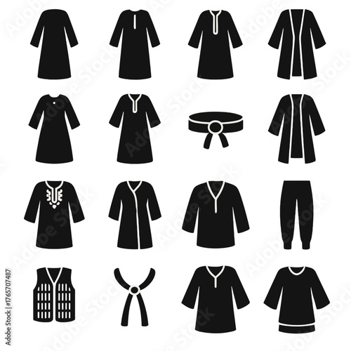 Traditional Clothing Silhouettes. Middle Eastern Clothing icons in silhouette. Abaya, thobe, bisht, sirwal, jalabiya, kaftan, waist sash, open robe