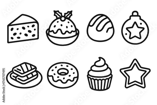 Festive Dessert Icons. Winter Indulgence — Festive desserts outline set: fruitcake slice, pudding bowl, chocolate truffle, sugar cookie, pastry plate, glazed donut, cupcake, star