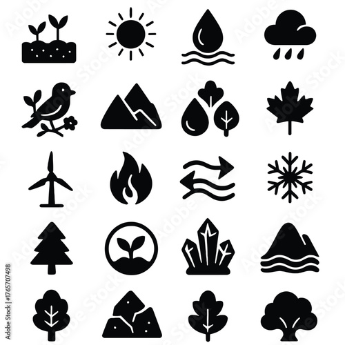 Environmental and Educational Icons. Environmental and natural advantages icons in silhouette. Fertile soil, abundant sunlight, clean water, mild