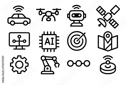Tech Icons Compilation. Autonomous Machine Intelligence outline set: self-driving car, drone icon, robot sensor, satellite, control system, AI chip, radar wave, navigation map,
