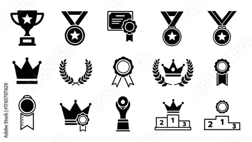 Collection of Award Icons Trophies, Medals, Ribbons, Laurels, and Crowns