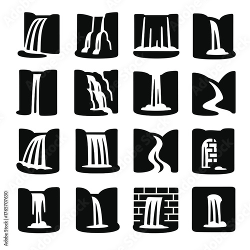 Waterfall Icons Collection. Types of waterfalls icons in silhouette. Horsetail fall, segmented fall, block fall, punchbowl fall, ribbon fall, cascade