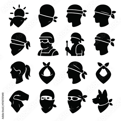 Versatile Bandana Icons. Bandana Uses icons in silhouette. Sun protection, dust shield, sweatband, fashion accessory, biker gear, tactical wear