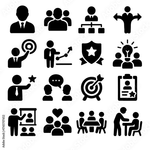 Leadership Icon Set. Market leader leadership and management icons in silhouette. CEO silhouette, team leader, organizational chart, decision making