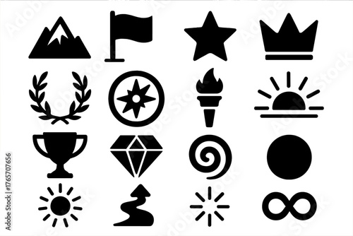 Bold Icon Collection. Symbolic Benchmark silhouette set: mountain peak, flag, star, crown, laurel wreath, compass, torch flame, sunrise, trophy, diamond, spiral, infinity loop,