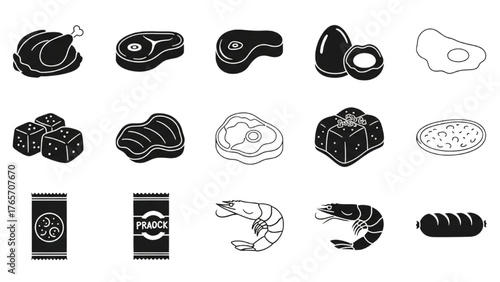 Monochrome collection of food icons showcasing culinary ingredients and various prepared meals