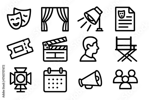 Theatrical Icon Collection. Theatrical Performances outline set: stage mask, curtain, spotlight, script page, ticket stub, clapperboard, actor silhouette, director chair, stage