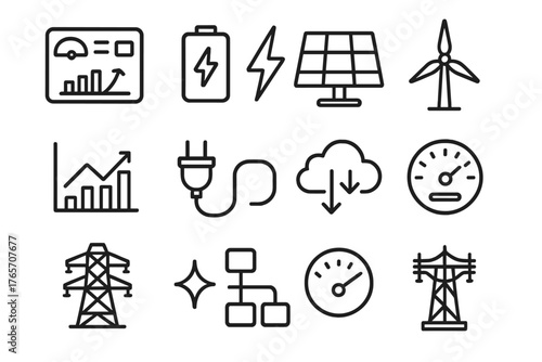 Smart Energy Icons. Smart Energy outline set: dashboard, battery, lightning, solar array, wind turbine, chart, plug, data flow, cloud, gauge, power line, sparkle., , High