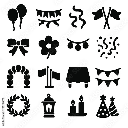 Parade Icon Silhouettes. Annual parades decorations icons in silhouette. Balloons, banners, streamers, flags, ribbons, flowers, lights, confetti