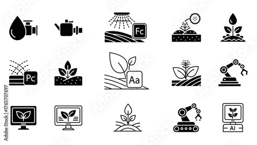Collection of Icons Related to Agriculture and Farming Technology