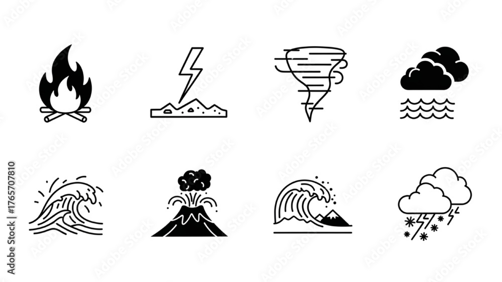 © Stock Image Zone - Set of icons representing natural disasters and extreme weather phenomena © Stock Image Zone - Set of icons representing natural disasters and extreme weather phenomena