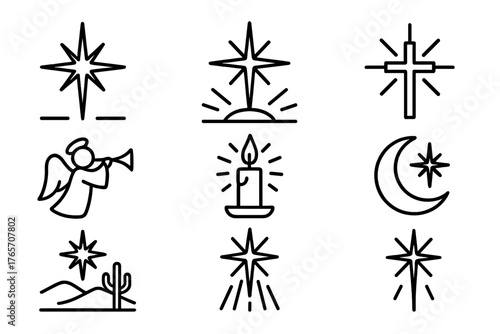 Christmas Icon Set. Christmas Star Symbolism outline set: bright starburst, horizon glow, cross symbol, angel trumpet, candle, moon, desert landscape, shining rays., , High