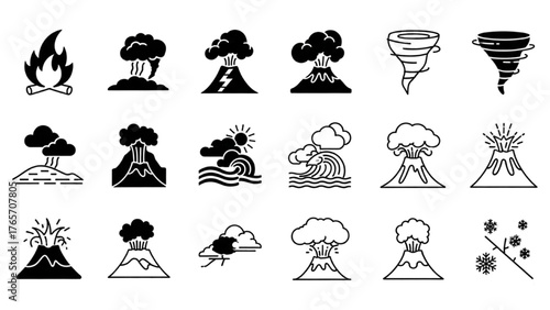A diverse collection of line icons representing various natural disasters and weather events