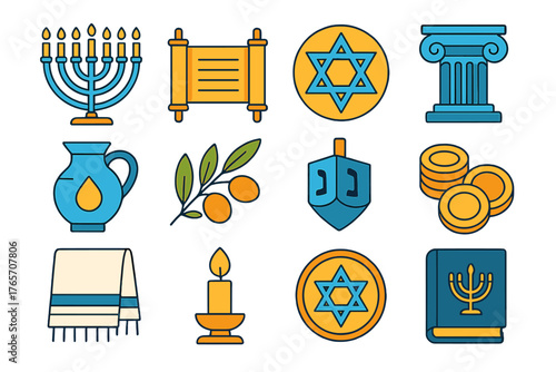 Hanukkah Symbol Icons. Hanukkah Heritage flat icons: menorah light, ancient scroll, star carving, temple pillar, oil jar, olive branch, dreidel toy, gold coins, prayer shawl,