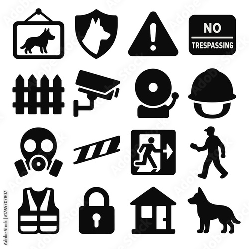 Security Warning Icons. Guard dog signs and warnings icons in silhouette. Beware of dog sign, security badge, warning triangle, no trespassing sign