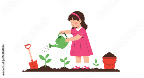 Young girl watering plants in garden with shovel and soil bucket.