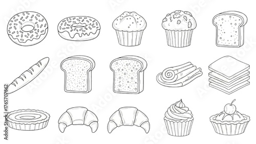 Outline icons of baked goods, including bread, pastries, and cakes in a simple doodle style