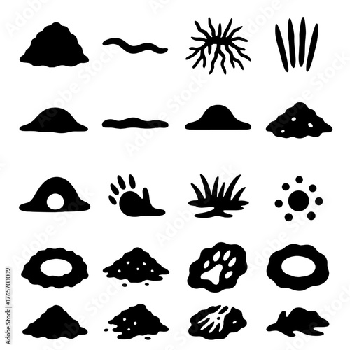 Mole Track Icons. Mole Tracks and Signs icons in silhouette. Fresh molehill, surface trail line, disturbed roots, claw marks in soil, raised turf