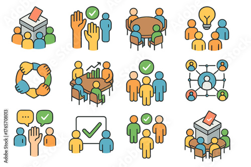 Collective Decision Making. Collective Decision Icons flat icons: ballot box with group, vote hands raised, roundtable meeting, group thinking, cooperative decision, discussion