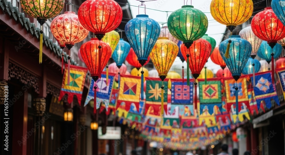 Fototapeta premium Colorful lanterns and banners adorn vibrant street in traditional cultural celebration